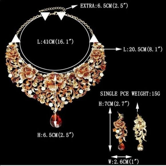 Yellow Gold and Topaz Austrian Crystal Rose Flower Bib Necklace and Earrings Set - Picture 7 of 7
